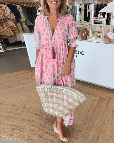 Veronica™ | Printed V-neck Half Sleeve Dress