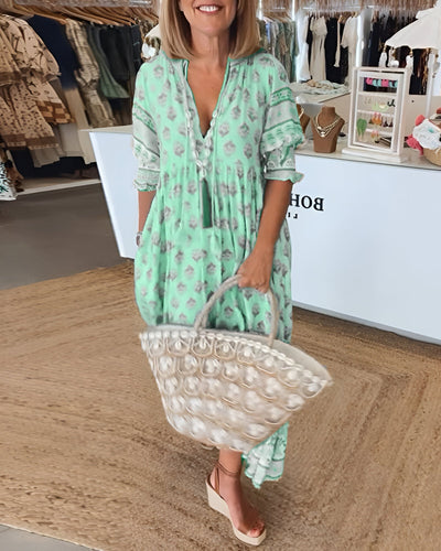 Veronica™ | Printed V-neck Half Sleeve Dress