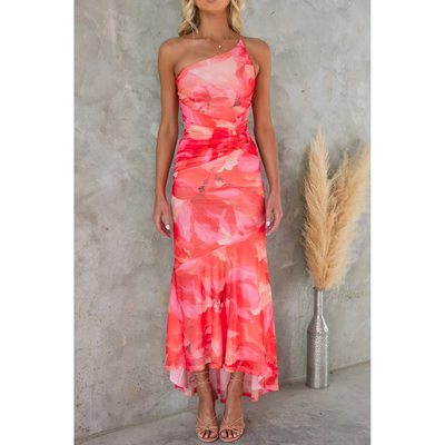 Kelsey - Flowers Print One-Shoulder Dress