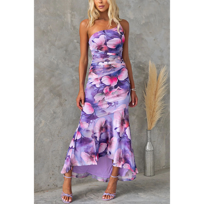 Kelsey - Flowers Print One-Shoulder Dress
