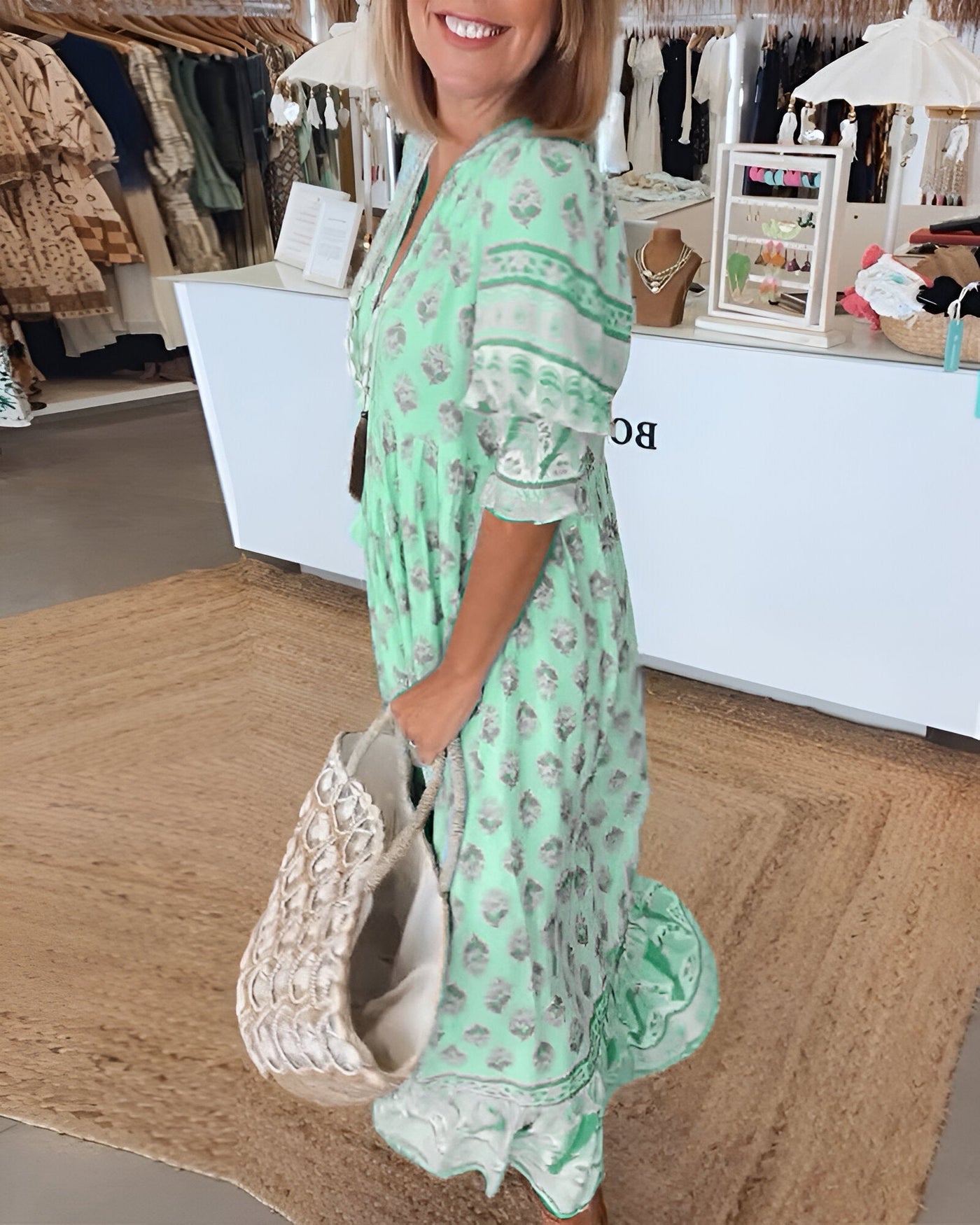 Veronica™ | Printed V-neck Half Sleeve Dress
