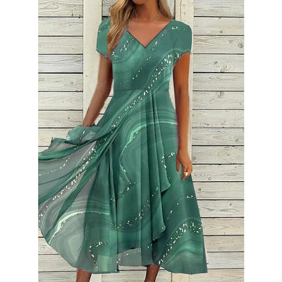 Lira™ | Short Sleeves V-neck Midi Dress